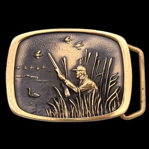 Solid Brass Duck Hunter Geese Mallards & Pond Decoys Vintage Belt Buckle by BTS - Picture 1 of 3