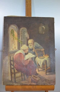 ANCIEN TABLEAU SUR TOILE HUILE LA Lecture De La Bible DECISION - Imagen 1 de 5
