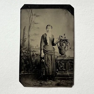 Antique Tintype Photograph Beautiful Young Woman Vase Tree Studio Backdrop - Picture 1 of 8