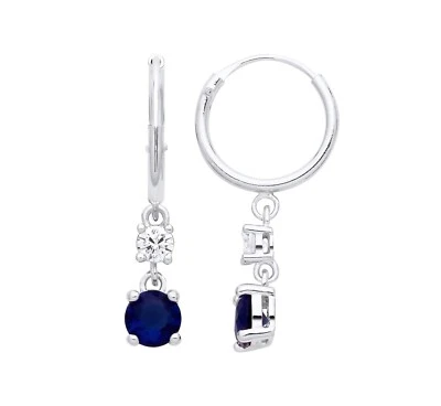 Pendientes de aro colgantes de plata de ley 925 simulados de zafiro azul y circonita cúbica Foto 1 de 4