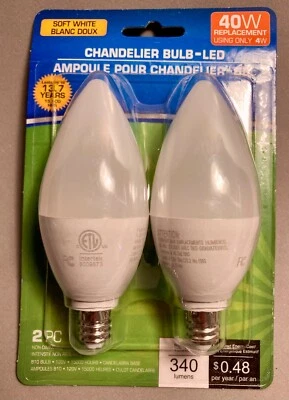 2-PACK  LED 4 Watt 40W Light Bulbs Chandelier 3000K 340 Lumens Candelabra - Image 1 of 2