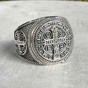 Handcrafted 925 Sterling Silver Saint Benedict Cross Christian Catholic Ring - Picture 1 of 5