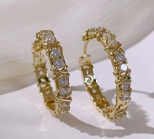 2Ct Round Cut Real Moissanite Women Huggie Hoop Earrings 14K Yellow Gold Plated - Picture 1 of 9