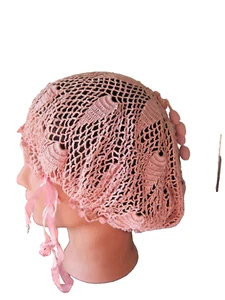 Antique Edwardian Pink hand crochet w/crochet tassels/balls Nightcap/Hair bonnet - Picture 1 of 10