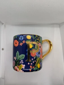 New Rifle Paper Co. Anthropologie Floral Porcelain Letter P Monogram Coffee Mug - Picture 1 of 3
