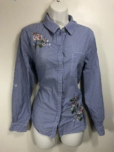 Fever Long sleeve Shirt Cotton button up striped embroidered floral M 12 blue - Picture 1 of 4