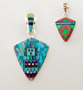 Wendebarer türkisgrüner Opal Micro Inlay 0,925 Silber Dolch Yei Anhänger - Bild 1 von 3