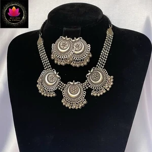 Indian Afghani Pakistani Oxidised Silver Wedding Choker Necklace Earring Set - Picture 1 of 7