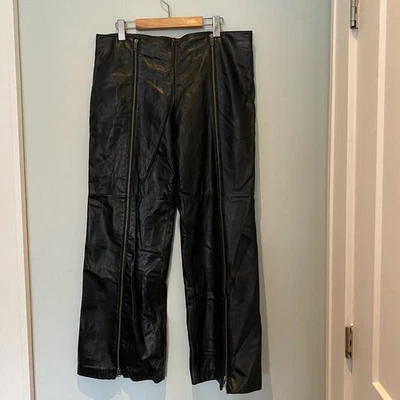 Pantalón de cuero genuino pierna ancha vertical cremallera frontal Foto 1 de 4