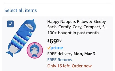 Almofada e saco de dormir Happy Nappers aconchegante compacto azul surfy the Shark diversão infantil - Imagem 1 de 4