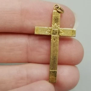 Vintage Cross Pendant Gold Tone Etched Design 1 1/4 Inch - Picture 1 of 6