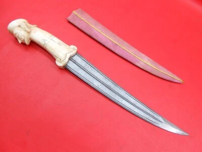 Indo Persian Damascus Blade Mughal Jambiya Vintage Quean Face Bone Grip A12 - Image 1 of 4