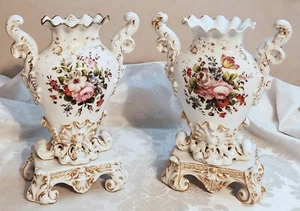 PAIR SET of French Antique Vieux Paris Porcelain Vases Gilt and Floral Decor - Picture 1 of 14