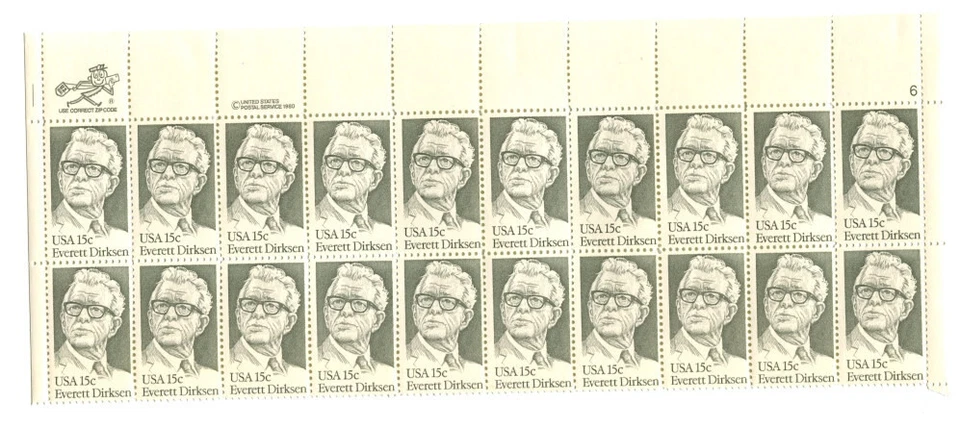 US STAMP SCOTT #1874 - PANE OF 20 - EVERETT DIRKSEN - 15c - PB/MR. ZIP - MNH - Image 1 of 2