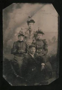 1880s Tintype 3 Women Flower Hats, 1 Gent with Cap, Good Condition - Picture 1 of 1