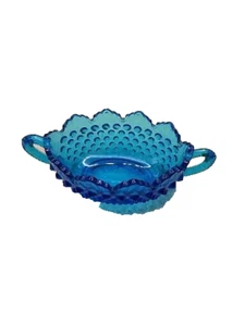 Fenton Colonial Blue Glass Hobnail Double Handle Nappy Candy Dish Vintage - Picture 1 of 5