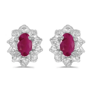 14k White Gold Oval Ruby And Diamond Earrings - Picture 1 of 2