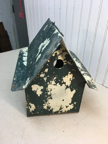 Antique Farm House Metal Bird House , Shabby Green White Paint , Country Cottage Cover