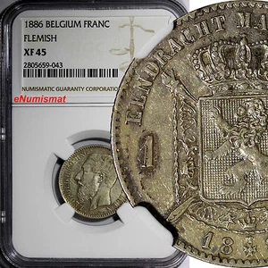 Belgium Leopold II Silver 1886 Franc Flimish NGC XF45 KEY DATE SCARCE KM29.1 (3) - Picture 1 of 5