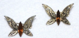 Vintage Butterfly Brooch Pins Gold Tone Amber Stone 1" Across - Picture 1 of 4