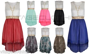 Girls Sleeveless Waist Band Asymmetrical Chiffon Dress with Gold Necklace New - Picture 1 of 15