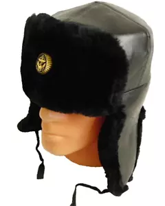 Real Russian Navy Officer Black Mouton Sheepskin Fur Ushanka Hat Badge 62cm XXL - Picture 1 of 11