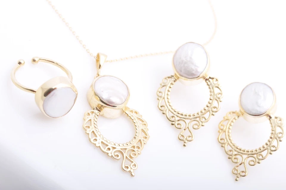 ¡Diseño especial! Juego de joyas turcas hechas a mano perlas blancas de plata de ley 925 Foto 1 de 4