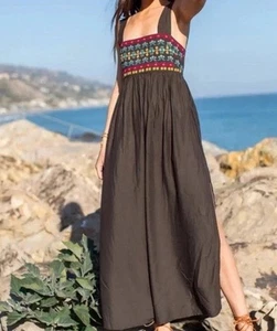 Natural Life Sundress Medium Embroidered Bodice Smocking Midi Slits Green - Picture 1 of 11