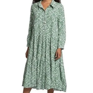 H&M Womens Green White Leaf Print Tiered Midi Dress Long Sleeve - Picture 1 of 8
