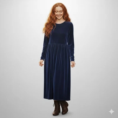 Cozy Vintage LL Bean Woman's Blue Velvet Velour Maxi Dress 10P Holidays  - Image 1 of 4