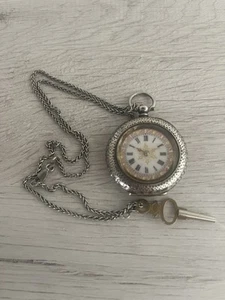 Swiss Silver Ladies Key Wound Fob Watch And Chain - Picture 1 of 15