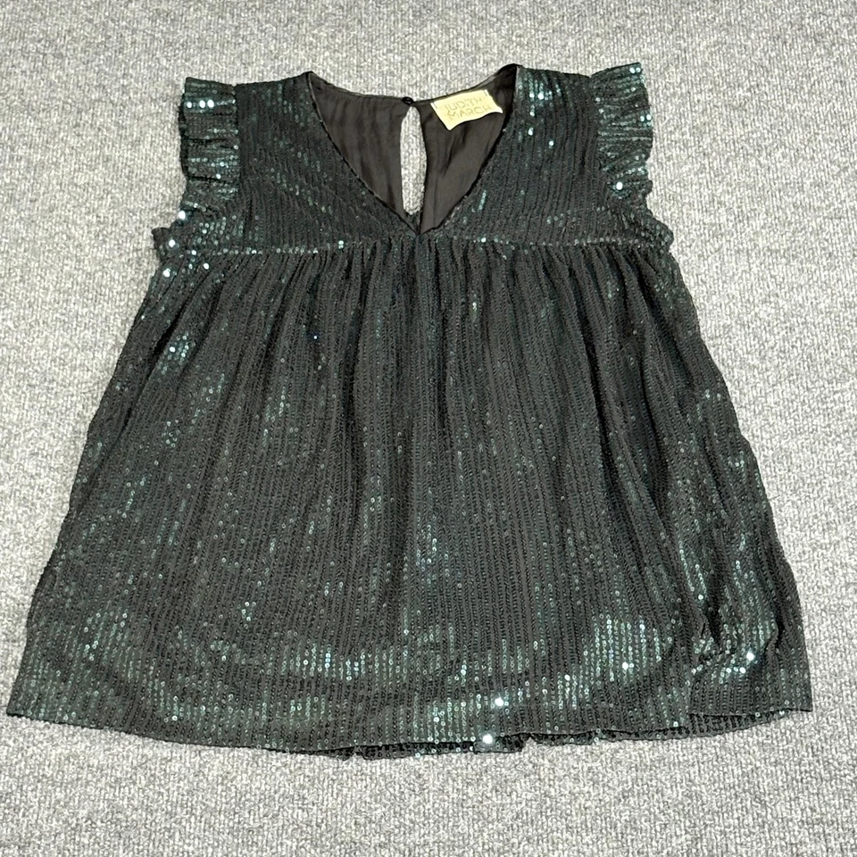 Judith March Dress Womens Small Black Green Sequin Ruffle Sleeve Lined Party - Image 1 of 4