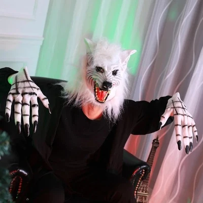 WOLF MASK CLAWS GLOVE HALLOWEEN FANCY DRESS COSTUME ADULT ANIMAL LATEX WEREWOLF - Image 1 of 4