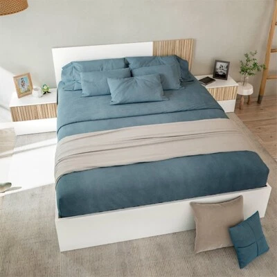 Letto Matrimoniale Testiera 2 Comodini E Giroletto Ethna Bianco E Rovere Listato - Immagine 1 di 4