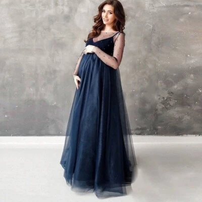 Pregnant Women's Dress Maternity Long Beads Mesh Gown For Photography Shooting - Image 1 of 4