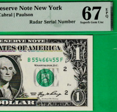 RADAR SERIAL # B 55466455 F   $1   2006  Federal Reserve note Fr. 1933-B PMG 67 - Image 1 of 3
