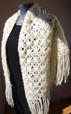 Stole Knitted Crochet Shoulder Vintage Handmade Wedding Fringes Cream White - Image 1 of 4