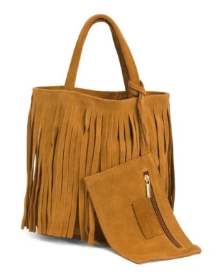 MARLON Suede Mini Tote With Fringe Trim and Crossbody Strap - Image 1 of 4