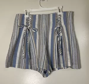 AQUA stripe blue cotton high waist tie front shorts size Medium - Picture 1 of 5