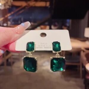  Womens Earrings Big Green Stone Crystal 925 Silver Dangle Drop Earrings Earings