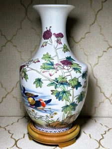 12,5 Zoll markierte chinesische Porzellan Emaille Pfingstrose Vogel Text Vase Gold Mandarine Ente - Bild 1 von 11