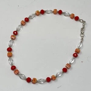 Handmade Beaded Anklet Coral Red Orange Clear Czech Glass Beads Silver Tone 11" - Picture 1 of 4