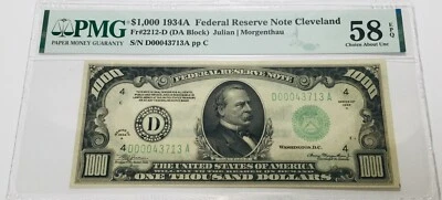 1934A $1000 Bill - FR #2212-D - PMG CHOICE AU58  EPQ  Fed Reserve Note CLEVELAND - Image 1 of 2