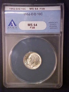 1952-D/D RPM Roosevelt Dime - Anacs MS64 FSB- Great Variety - aa192dcxx - Picture 1 of 7