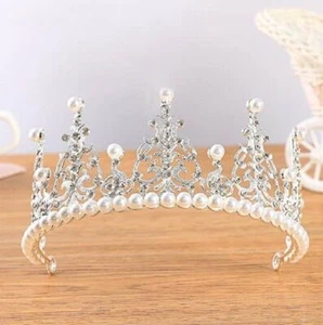 Silver Crown Cake Topper Crystal Pearl Queen Tiara Hair Ornaments Party Birthday - Picture 1 of 9
