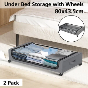 2x Under Bed Rolling Storage Container with Wheels Underbed Bag Organizer Grey - Picture 1 of 8