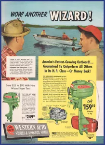 Anuncio impreso vintage 1950 WIZARD Twin 6 Super 10 motores fueraborda navegación años 50 - Imagen 1 de 1