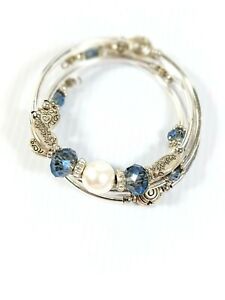 Artisan Silver Tone Blue Glass Bead Bar Faux Pearl Memory Wire Wrap Bracelet 