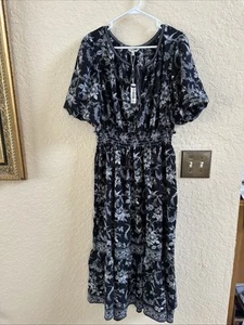 MAX STUDIO Georgette Smocked Maxi Dress Women's PXL Black/White Floral Pullover - Picture 1 of 8