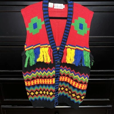 Vintage 80s Hip Hop Rafaella Tassles Colorblock Sweater Vest Sz Med - Image 1 of 4